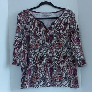 Croft & Barrow White Red & Black Paisley 100% Cotton Classic Tee Size 1X